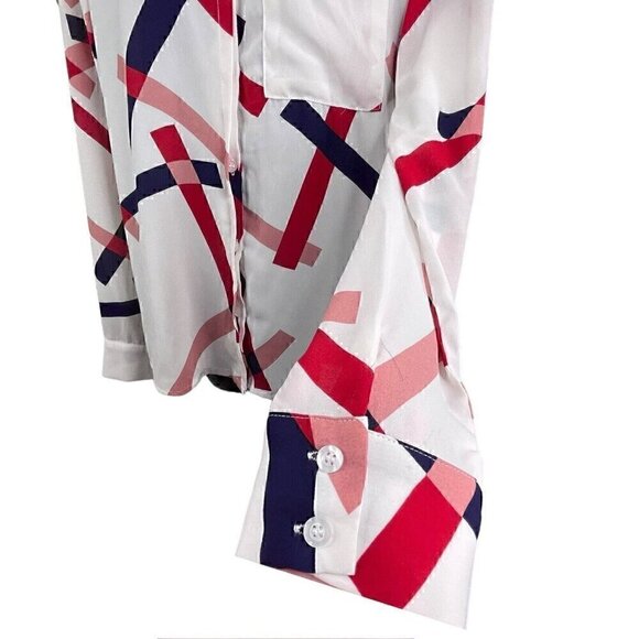 Lulus Camrose White Geometric Print Button-Up Long Sleeve Top Blouse Women’s M - Picture 5 of 12